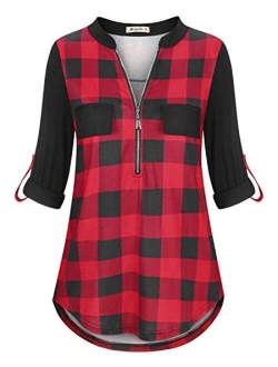 Moyabo Women's 3/4 Cuffed Sleeve Zipped V Neck Plaid Tunic Shirt Blouses