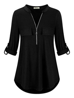 Moyabo Women's 3/4 Cuffed Sleeve Zipped V Neck Plaid Tunic Shirt Blouses