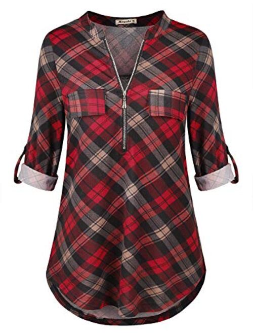 Moyabo Women's 3/4 Cuffed Sleeve Zipped V Neck Plaid Tunic Shirt Blouses