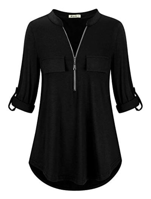 Moyabo Women's 3/4 Cuffed Sleeve Zipped V Neck Plaid Tunic Shirt Blouses