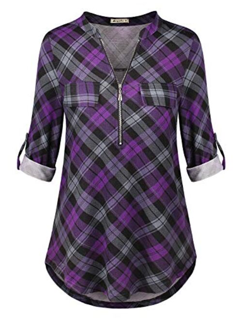 Moyabo Women's 3/4 Cuffed Sleeve Zipped V Neck Plaid Tunic Shirt Blouses