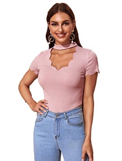 Women's Scalloped Cut Out V Neck Short Sleeve Sexy Tee Tops