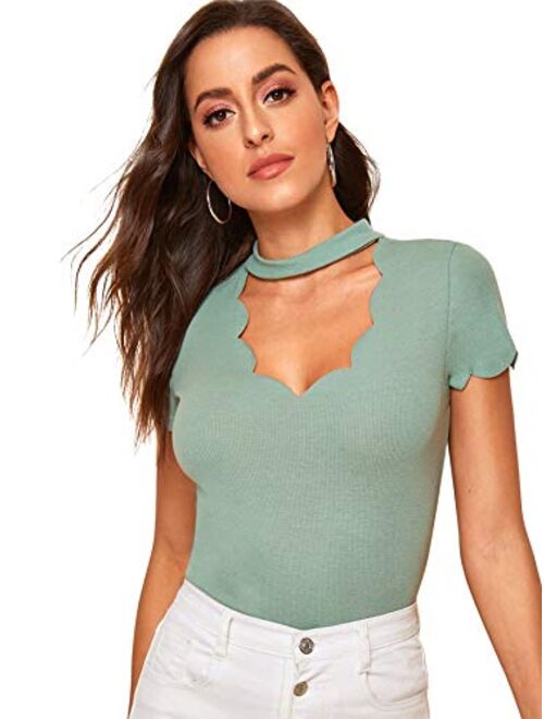 Romwe Women's Scalloped Cut Out V Neck Short Sleeve Sexy Tee Tops