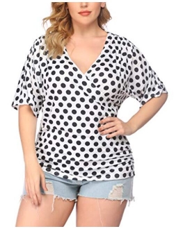 IN'VOLAND Womens Plus Size Tops V Neck Wrap Short Sleeve Shirts Casual Loose Dolman Top Tunic Blouses