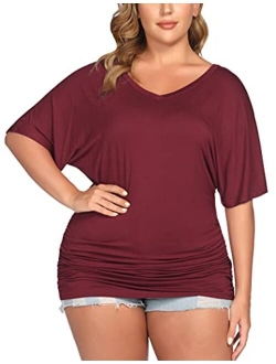 IN'VOLAND Womens Plus Size Tops V Neck Wrap Short Sleeve Shirts Casual Loose Dolman Top Tunic Blouses