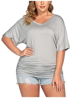 IN'VOLAND Womens Plus Size Tops V Neck Wrap Short Sleeve Shirts Casual Loose Dolman Top Tunic Blouses