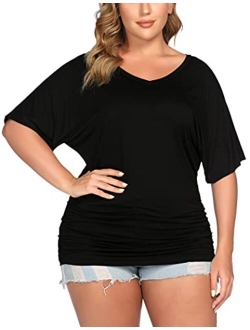 IN'VOLAND Womens Plus Size Tops V Neck Wrap Short Sleeve Shirts Casual Loose Dolman Top Tunic Blouses