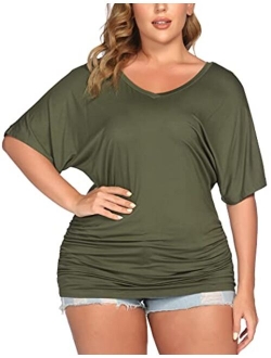 IN'VOLAND Womens Plus Size Tops V Neck Wrap Short Sleeve Shirts Casual Loose Dolman Top Tunic Blouses