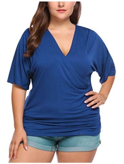 IN'VOLAND Womens Plus Size Tops V Neck Wrap Short Sleeve Shirts Casual Loose Dolman Top Tunic Blouses