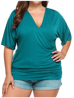 IN'VOLAND Womens Plus Size Tops V Neck Wrap Short Sleeve Shirts Casual Loose Dolman Top Tunic Blouses