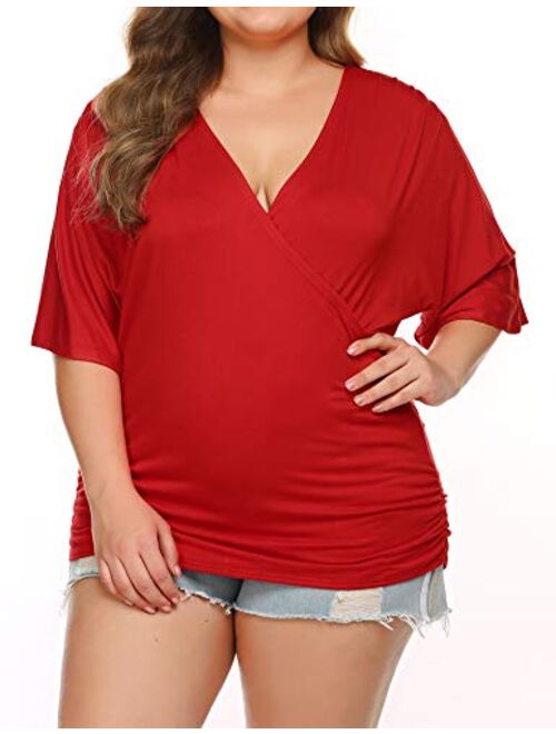 IN'VOLAND Womens Plus Size Tops V Neck Wrap Short Sleeve Shirts Casual Loose Dolman Top Tunic Blouses