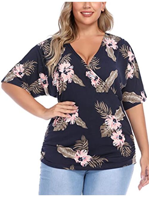 IN'VOLAND Womens Plus Size Tops V Neck Wrap Short Sleeve Shirts Casual Loose Dolman Top Tunic Blouses