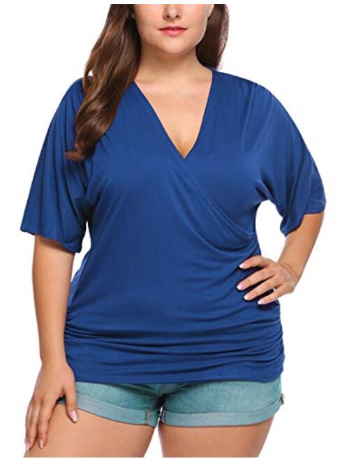 IN'VOLAND Womens Plus Size Tops V Neck Wrap Short Sleeve Shirts Casual Loose Dolman Top Tunic Blouses