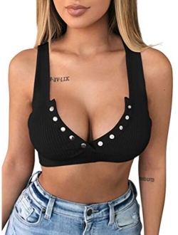 Women's Sexy Summer Button Sleeveless Tank Strappy Casual Basic Crop Top
