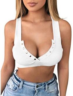 Women's Sexy Summer Button Sleeveless Tank Strappy Casual Basic Crop Top