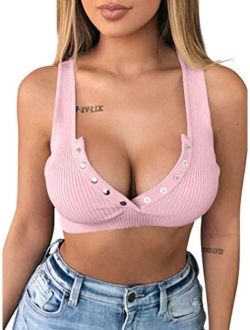 Women's Sexy Summer Button Sleeveless Tank Strappy Casual Basic Crop Top