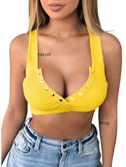 Women's Sexy Summer Button Sleeveless Tank Strappy Casual Basic Crop Top