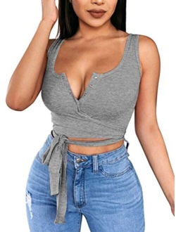 Women's Sexy Summer Button Sleeveless Tank Strappy Casual Basic Crop Top