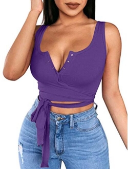 Women's Sexy Summer Button Sleeveless Tank Strappy Casual Basic Crop Top