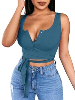 Women's Sexy Summer Button Sleeveless Tank Strappy Casual Basic Crop Top