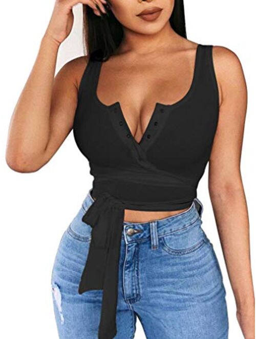 LAGSHIAN Women's Sexy Summer Button Sleeveless Tank Strappy Casual Basic Crop Top