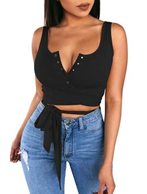 LAGSHIAN Women's Sexy Summer Button Sleeveless Tank Strappy Casual Basic Crop Top