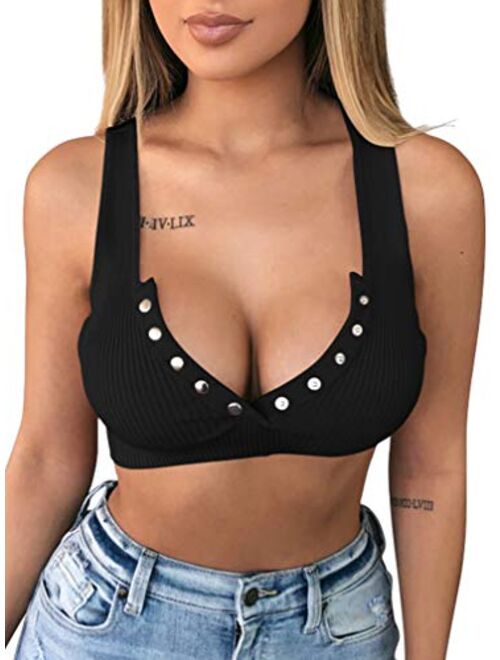 LAGSHIAN Women's Sexy Summer Button Sleeveless Tank Strappy Casual Basic Crop Top