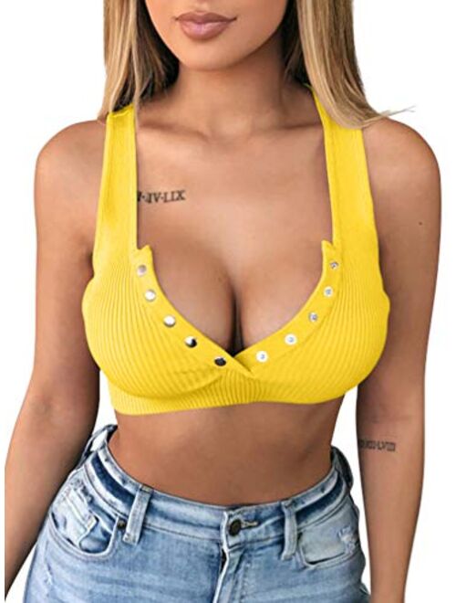 LAGSHIAN Women's Sexy Summer Button Sleeveless Tank Strappy Casual Basic Crop Top