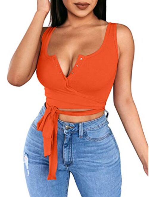 LAGSHIAN Women's Sexy Summer Button Sleeveless Tank Strappy Casual Basic Crop Top