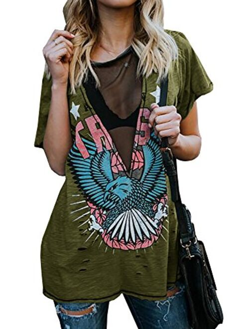 Womens Short Sleeve Graphic Tees Distressed Hawk Print Mesh V Neck Loose Sexy T-Shirt Tops Blouse