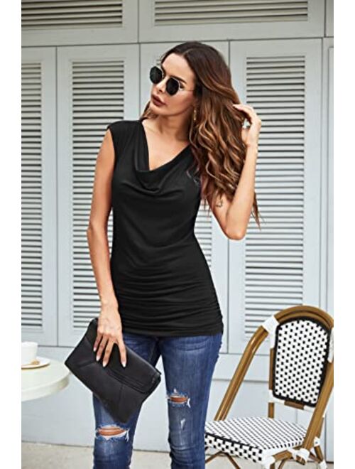 Zeagoo Womens Ruched Cowl Neck Tank Tops Sleeveless Stretch Blouse with Side Shirring