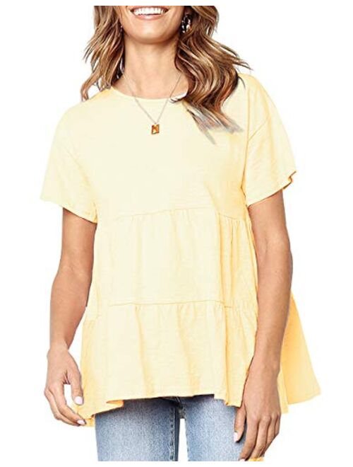 Sanifer Women's Peplum Tops Summer Short Sleeve Ruffle Loose Shirt Blouse