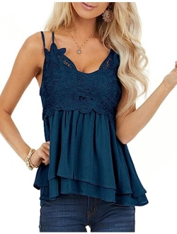 Feager Women Lace V Neck Chiffon Cami Tank Top Spaghetti Strap Sleeveless Shirts