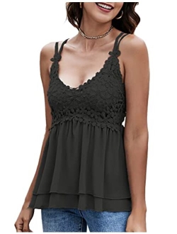 Feager Women Lace V Neck Chiffon Cami Tank Top Spaghetti Strap Sleeveless Shirts