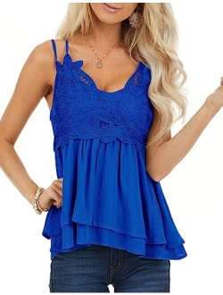 Feager Women Lace V Neck Chiffon Cami Tank Top Spaghetti Strap Sleeveless Shirts