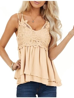 Feager Women Lace V Neck Chiffon Cami Tank Top Spaghetti Strap Sleeveless Shirts