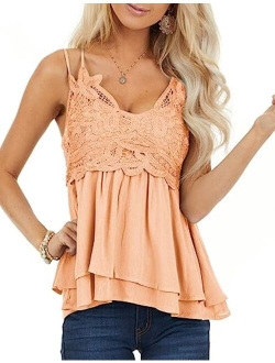 Feager Women Lace V Neck Chiffon Cami Tank Top Spaghetti Strap Sleeveless Shirts