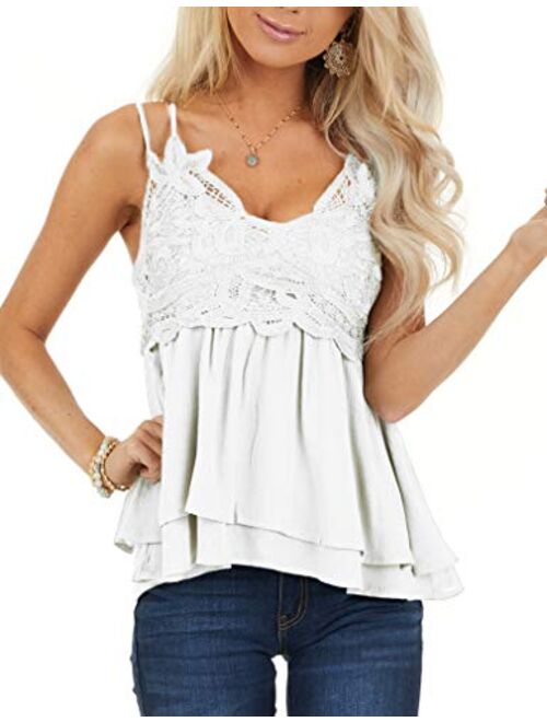 Feager Women Lace V Neck Chiffon Cami Tank Top Spaghetti Strap Sleeveless Shirts