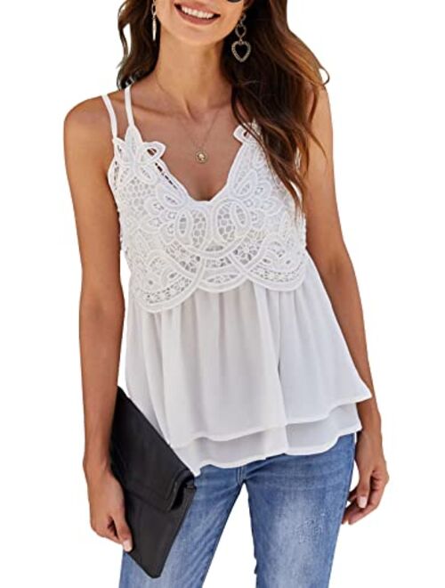 Feager Women Lace V Neck Chiffon Cami Tank Top Spaghetti Strap Sleeveless Shirts