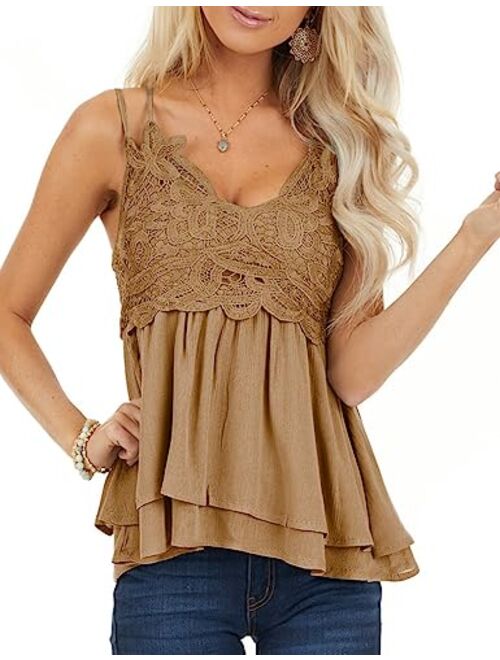 Feager Women Lace V Neck Chiffon Cami Tank Top Spaghetti Strap Sleeveless Shirts