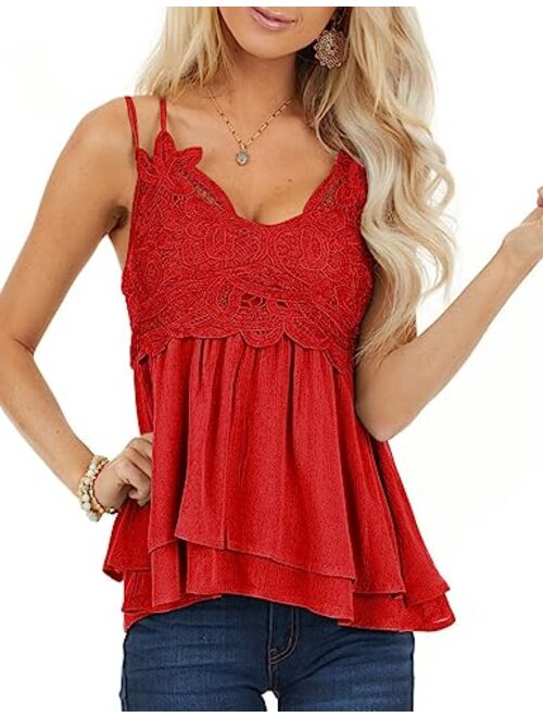 Feager Women Lace V Neck Chiffon Cami Tank Top Spaghetti Strap Sleeveless Shirts