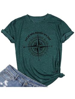 Womens Not All Who Wander are Lost T-Shirt Workout Shirts Summer Funny Letters Compass Graphic Casual Tops Athletic Tee