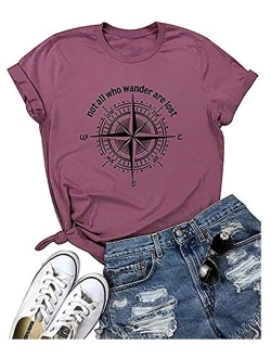 Womens Not All Who Wander are Lost T-Shirt Workout Shirts Summer Funny Letters Compass Graphic Casual Tops Athletic Tee