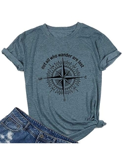 Womens Not All Who Wander are Lost T-Shirt Workout Shirts Summer Funny Letters Compass Graphic Casual Tops Athletic Tee