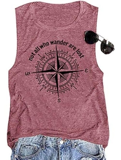 Womens Not All Who Wander are Lost T-Shirt Workout Shirts Summer Funny Letters Compass Graphic Casual Tops Athletic Tee