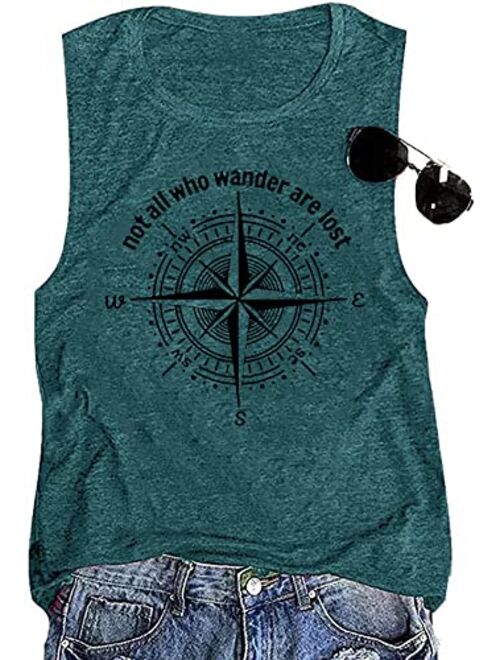 Womens Not All Who Wander are Lost T-Shirt Workout Shirts Summer Funny Letters Compass Graphic Casual Tops Athletic Tee