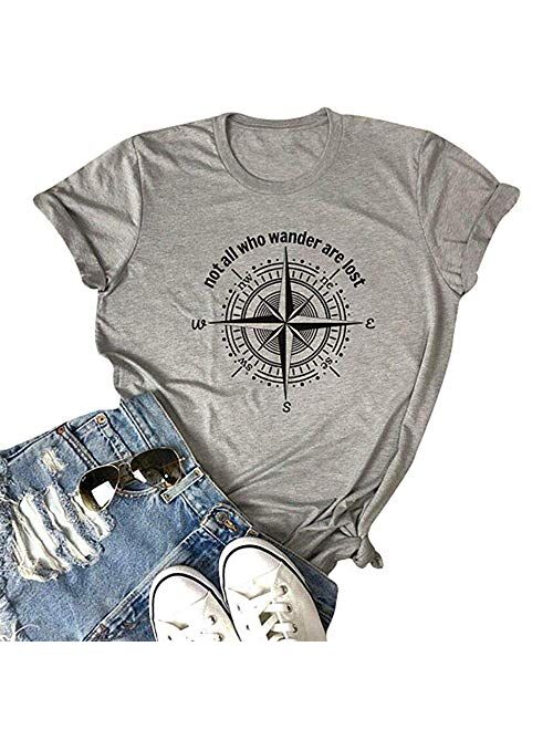 Womens Not All Who Wander are Lost T-Shirt Workout Shirts Summer Funny Letters Compass Graphic Casual Tops Athletic Tee