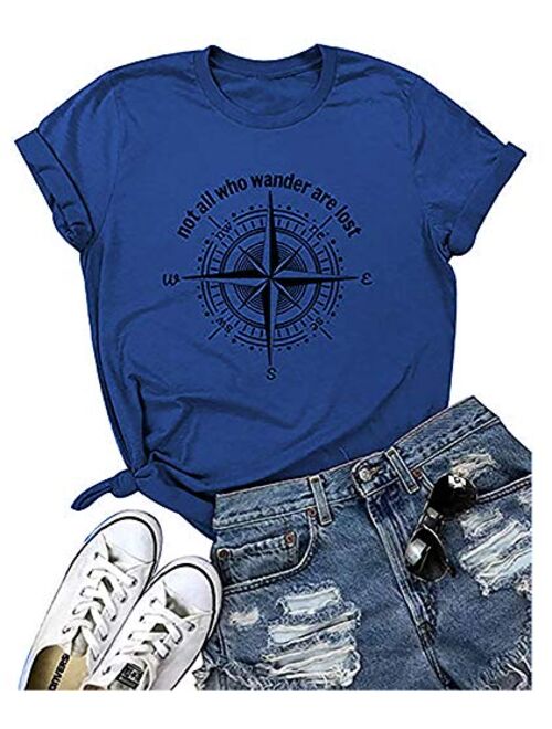 Womens Not All Who Wander are Lost T-Shirt Workout Shirts Summer Funny Letters Compass Graphic Casual Tops Athletic Tee