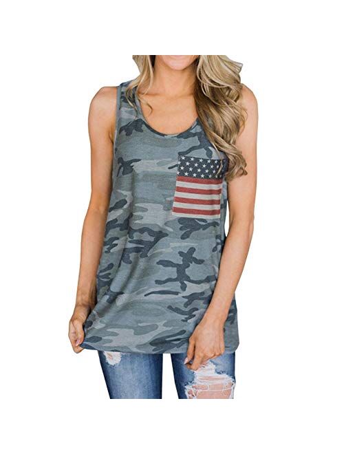 Womens Patriotic American Flag Print Summer Sexy Sleeveless T-Shirts Tank Top