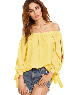 Women's Off Shoulder Slit Sleeve Tie Cuff Blouse Top